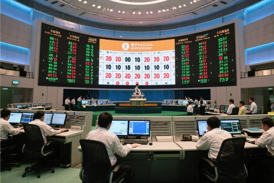 现代化的香港赛马会开奖大厅内，巨大的电子屏幕上显示开奖号码，技术人员在后台操作